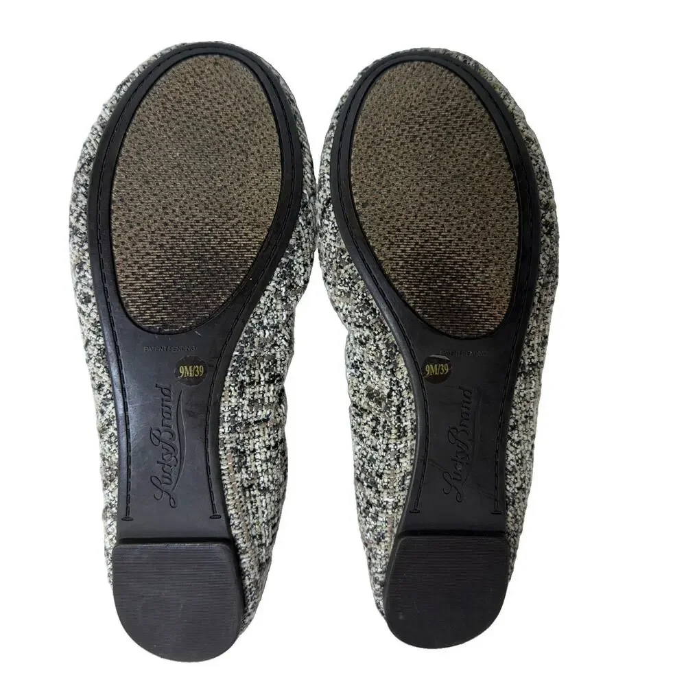 Lucky Brand Emmie Ballet Flats Sz 9 Tweed/Boucle Brown/Cream Bow Detail